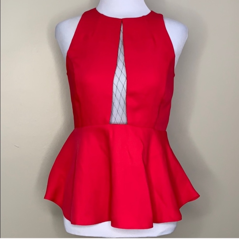 TROUVE Red Sleeveless Sheer Mesh Peplum Top S